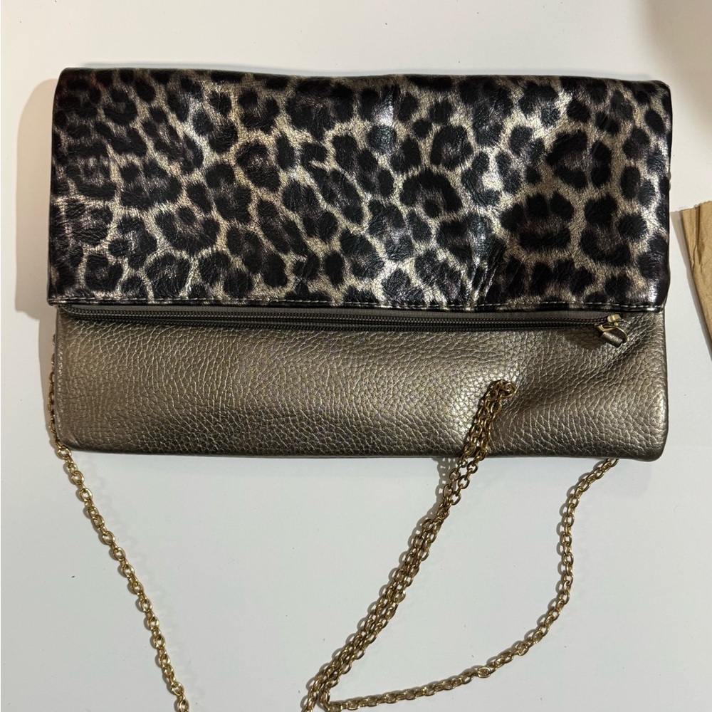 Vieta Leopard Print and Gold Chain Clutch